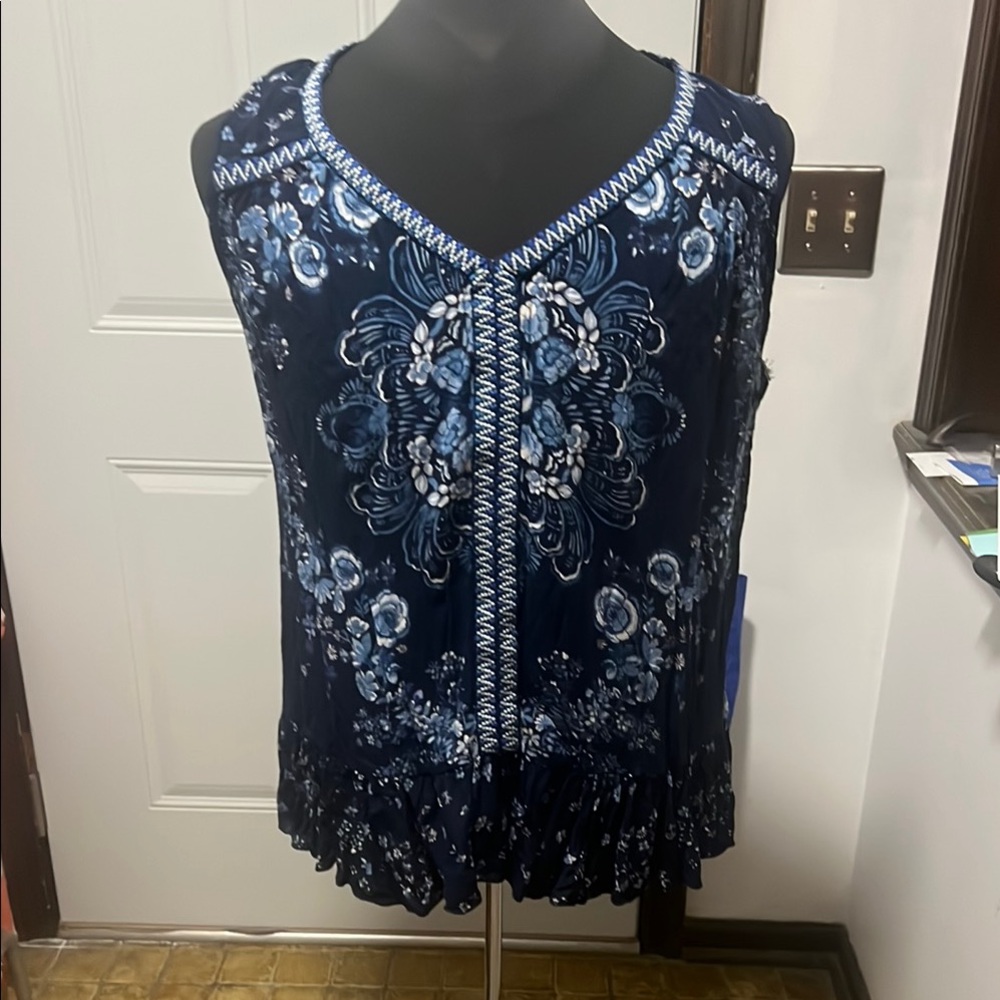 Bila Blue and White Embellished Peplum Blouse